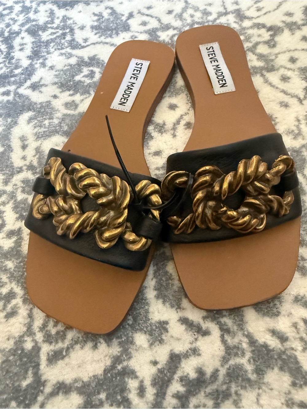 Steve Madden Black Slides with Bold Gold Chain Accent